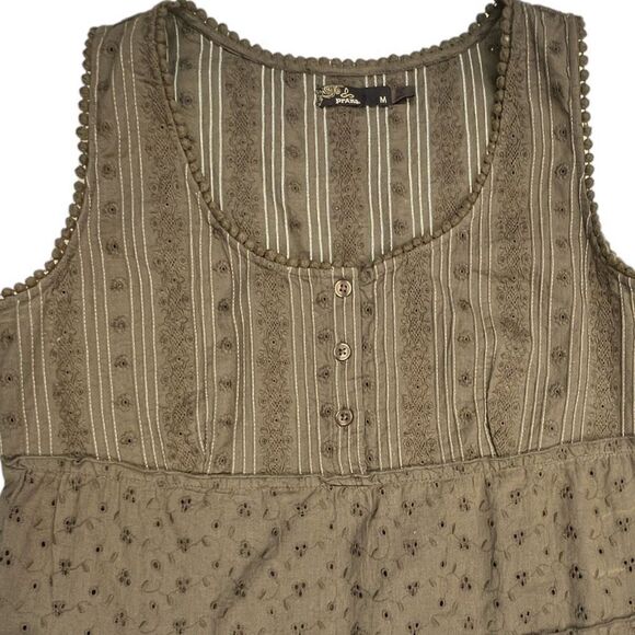 Prana Blouse Women's Medium Brown Trimmed with Lace Open Eyelet Bottom Blouse - Picture 4 of 11